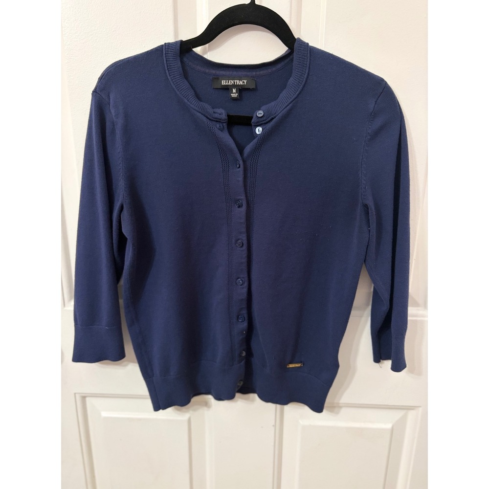 Ellen Tracy | Button Front 3/4 Sleeve Cardigan | Medium || Navy Blue|